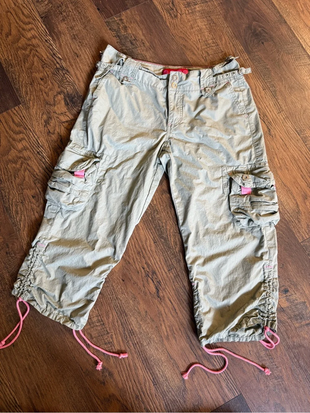 Y2K GLO jeans Sage Green Cargo Capris with Pink Accents And Silver Hardware